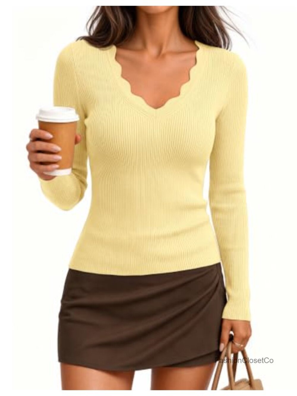 Womens V Neck Ribbed Knit Sweater Long Sleeve Fall Pullover Top